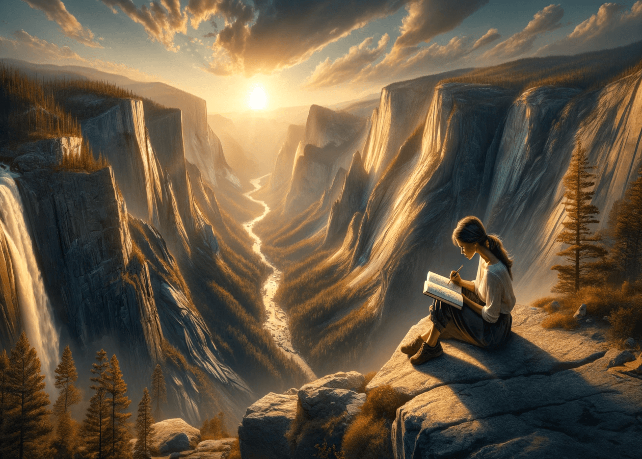 woman journaling on cliff with sunset over mountains